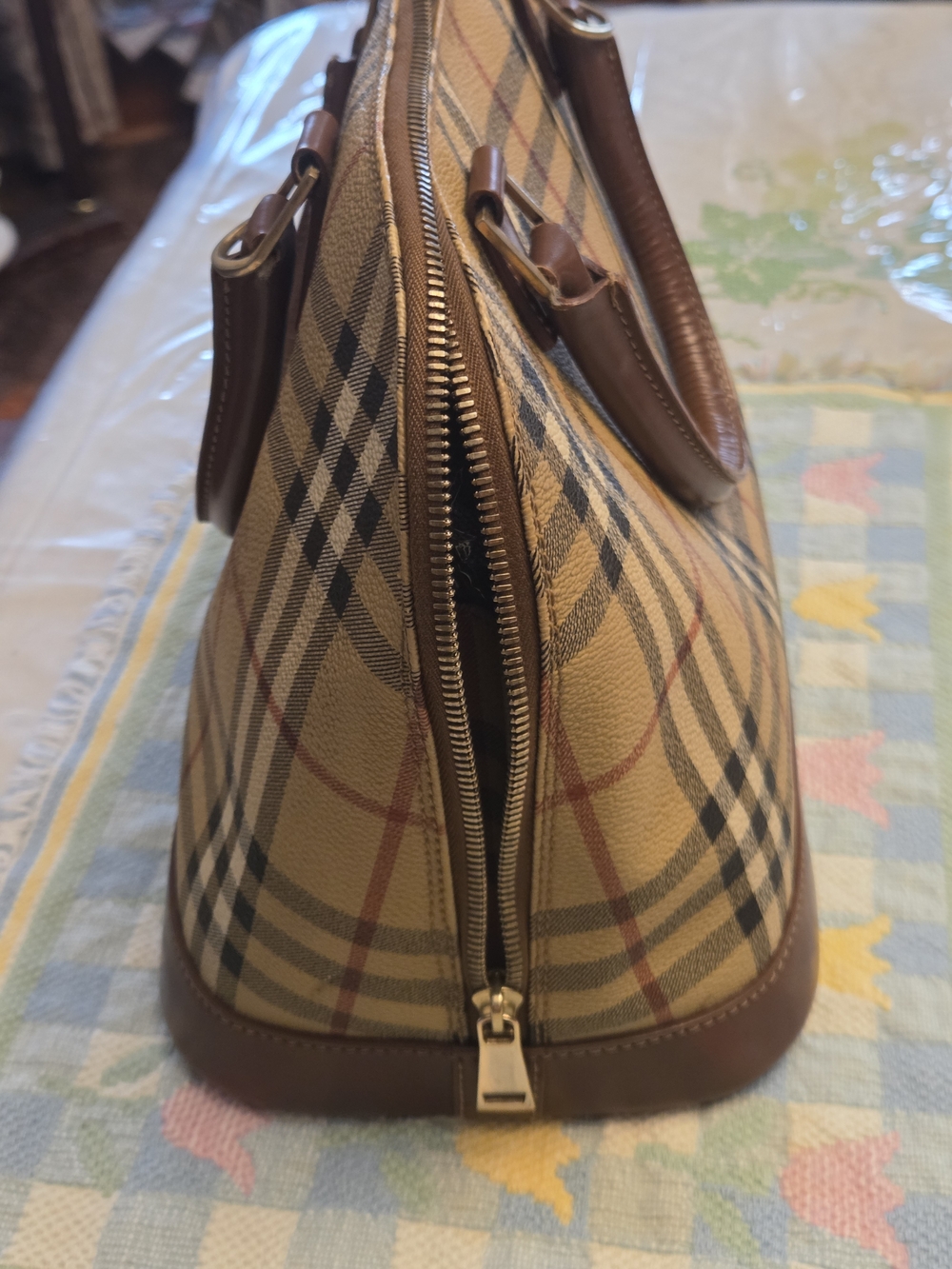 Burberry Beige Plaid Satchel with Brown Leather and Gold Hardware - Picture 2 of 12